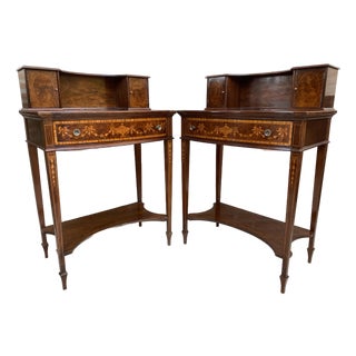 1940s Pair of Neoclassical Marquetry Bedside Tables With Drawers and Upper Compartment For Sale