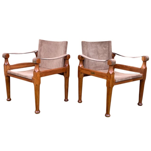 Suede and Teak Open Frame Safari Chairs with Sling Arms, 2000s, Set of 2 For Sale - Image 3 of 14