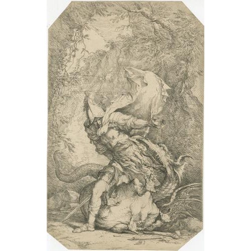 A powerful and dramatic Baroque etching depicting Jason and the Dragon, created by the celebrated Italian artist Salvator...