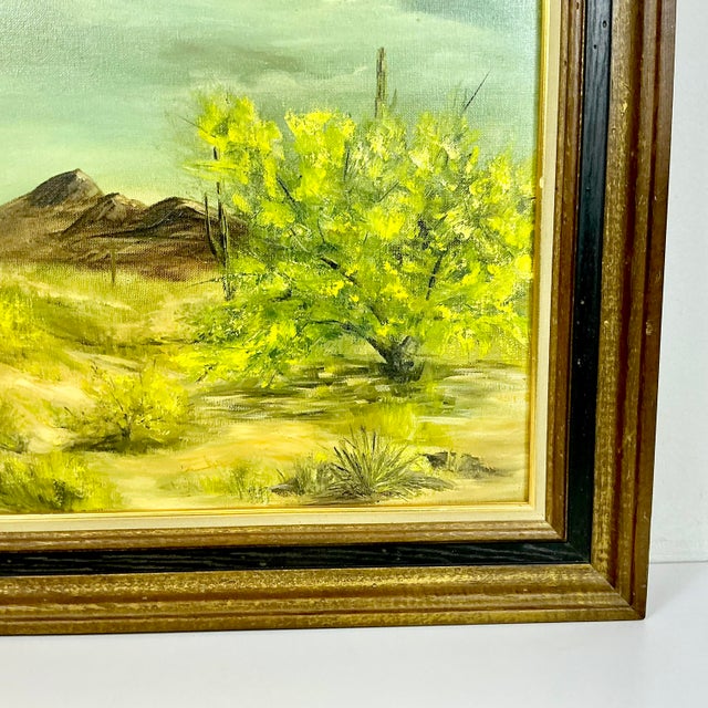 1970s 1970s Vintage Southwestern Impressionist Saguaro Landscape Folk Art Original Oil Painting, Artist Signed For Sale - Image 5 of 13