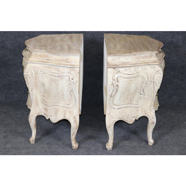 French Country Pair of Country French Style Distressed Paint Decorated 3 Drawer Night Stands For Sale - Image 3 of 16