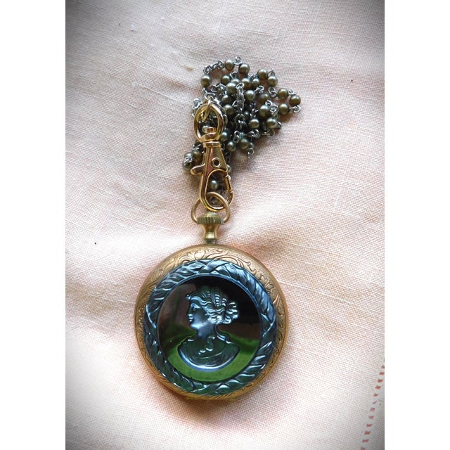 Luxurious Fall Vintage Victorian Pocket Watch Pewter Woman Profile Cameo Locket with a woven edge design. The beautiful...