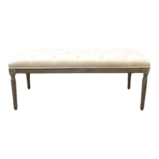 French Linen Tufted Bench For Sale