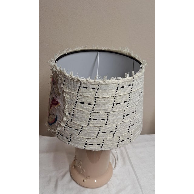 Vintage Table Lamp with Beige Floral Decorated Ceramic Base and Handmade Fabric Shade from Lamplove, 1970s For Sale - Image 6 of 7