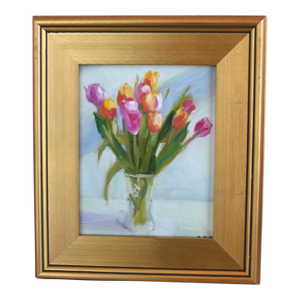 Impressionist Tulips Bouquet Floral Painting Including the Antiqued Gold Wood Frame