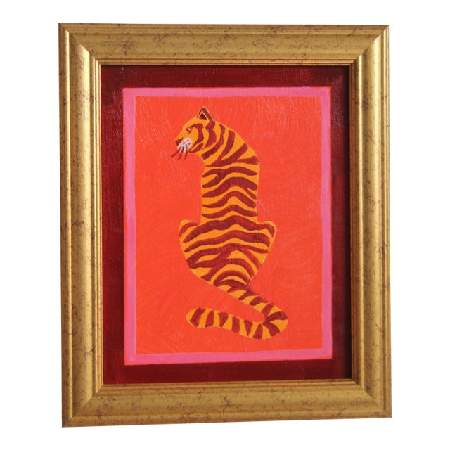 Tiger Minimalsim Pop Art Abstract Orange Burgundy Goldenrod Original Oil Painting by Cleo Plowden For Sale
