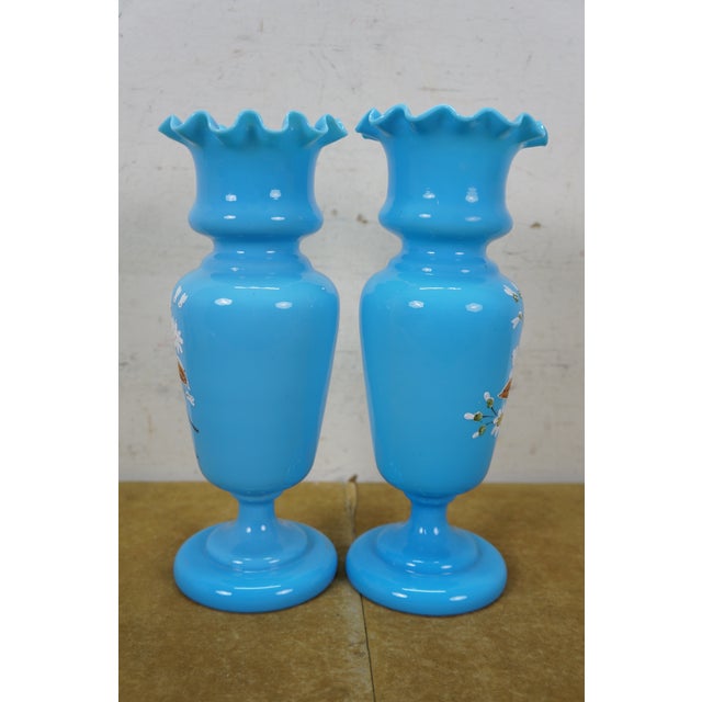 2 Antique Bristol Blue Turquoise Opaline Ruffled Clambroth Mantel Vases Urns 11" For Sale - Image 10 of 13