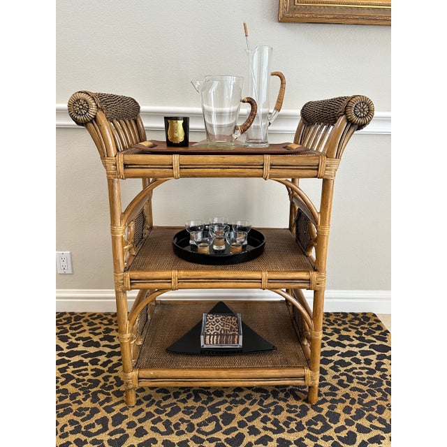 Vintage British Colonial Rattan, Wicker & Cane Etagere Shelf With Leather Bindings For Sale - Image 15 of 17