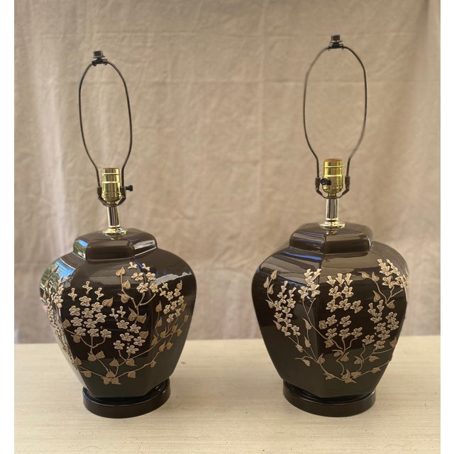 Cocoa Ginger Jar Lamps With Raised Floral Relief and Shades - a Pair For Sale - Image 13 of 13