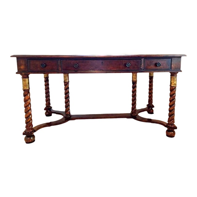 Vintage Hekman Furniture Barley Twist Desk With Tooled Leather Top - 56" X 30" X 30" For Sale