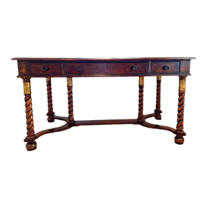 Vintage Hekman Furniture Barley Twist Desk With Tooled Leather Top - 56" X 30" X 30"