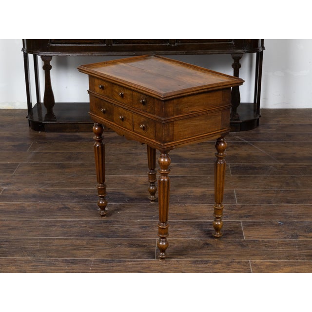 19th Century French 19th Century Walnut Side Table with Tray Top, Fluted Legs and Six Drawers For Sale - Image 5 of 12