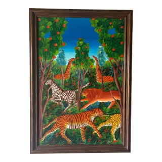 Vintage Haitian Folk Art Jungle Painting by Monestime Astrel, Late 20th Century For Sale