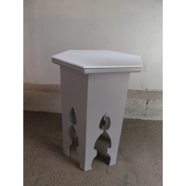 Vintage painted wooden hexagonal Morrocan Style side table with attached milk glass top. Thick and substantial solid wood...