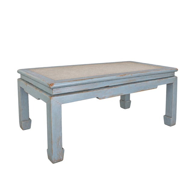 Late 20th Century Vintage Swedish Blue-Grey Wash Wood Coffee Table With Ming Style Leg and Shagreen Top For Sale - Image 5 of 13