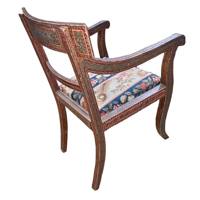 Antique Syrian Inlay Arm Chair w/ Old Needlepoint