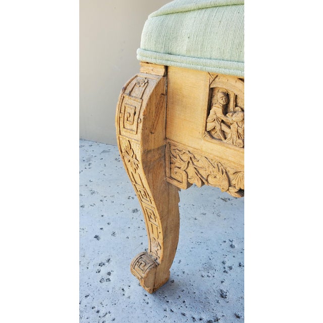 Chinese 1920s Antique Chinese Hand Carved Upholstered Wooden Long Bench For Sale - Image 3 of 12