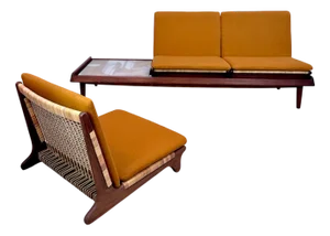 Modular Sofa TV 161 with Removable Seats in Teak & Woven Cane Including Cushion Pads and Ceramic Tray by Hans Olsen for Bramin, Denmark 1957