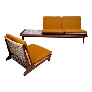 TV 161 Modular Sofa in Teak and Woven Cane with Ceramic Tray by Hans Olsen for Bramin, Denmark, 1957, Set of 2 For Sale