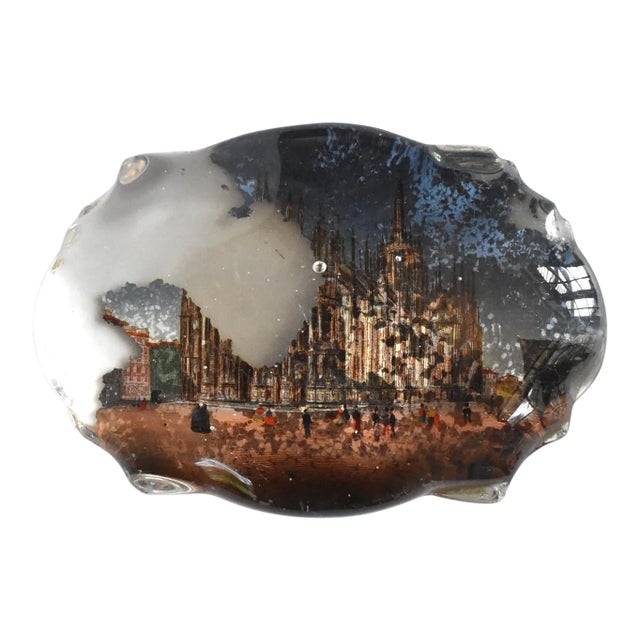 Antique 19th-Century " Tour" Italian Milan Cathedral Reverse-Painted Glass Souvenir Paperweight For Sale