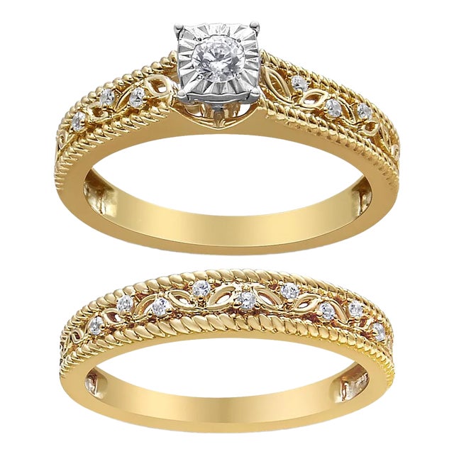 14K Yellow Gold Plated .925 Sterling Silver 1/5 Cttw Diamond Art Deco Style Engagement Ring Bridal Set (I-J Color, I3 Clarity) - Ring Size 9 For Sale