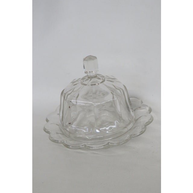 Mid-Century Modern Mid 20th Century Clear Pressed Glass Covered Butter Cheese Serving Dish Petal Scalloped Rim For Sale - Image 3 of 16