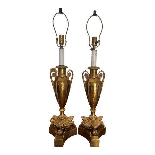 Mid 19th Century Gilt Bronze Neoclassical Louis XVI Double Handle Urn Lamps With Paw Feet - A Pair For Sale