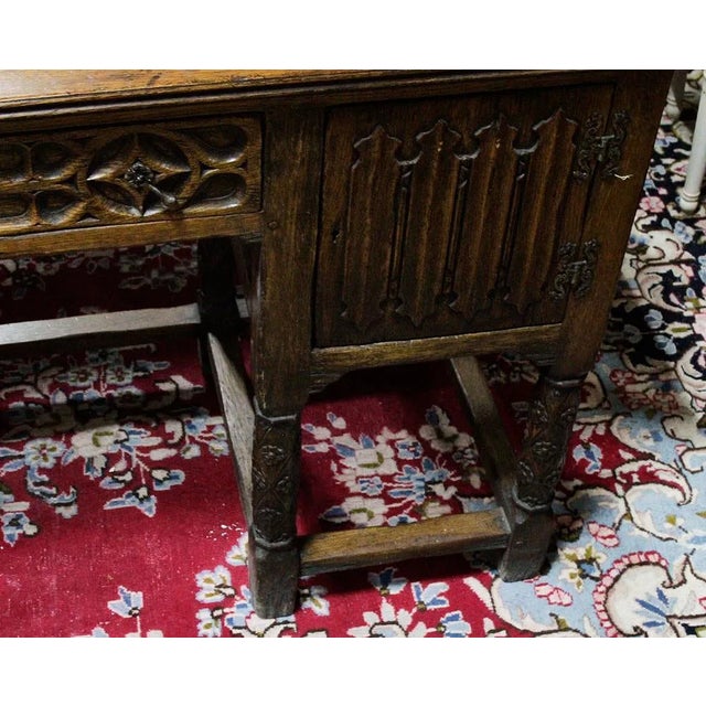 Antique Carved Oak English Clerk's Desk Linen Fold Doors For Sale - Image 4 of 8