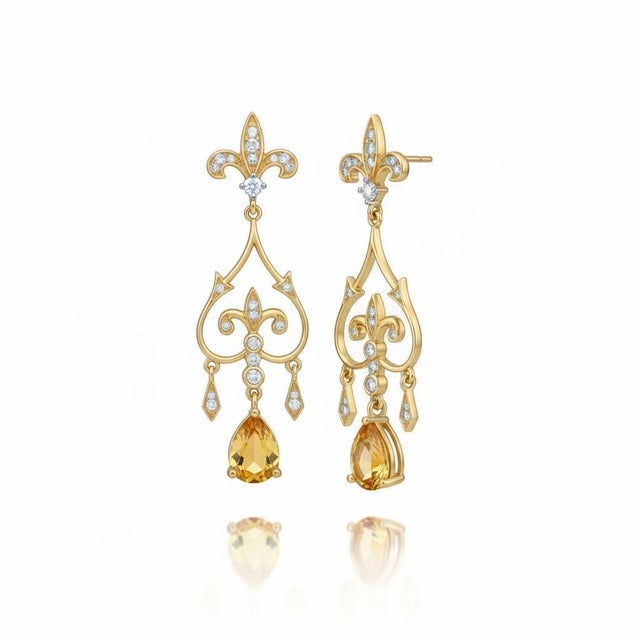 Silver, Gold Fleur de Lis Earrings with citrine and colorless topazes. Vintage Inspired Statement Earrings. Weight: 4.5 gr...