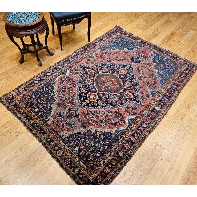 Vintage Persian Farahan Sarouk Rug, Hand-Knotted Wool, Floral Pattern, Rust Red & Blue, 5x7 For Sale In Chicago - Image 6 of 17