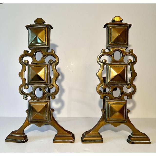 Modern Pair Brass Geometric Andirons For Sale - Image 3 of 9