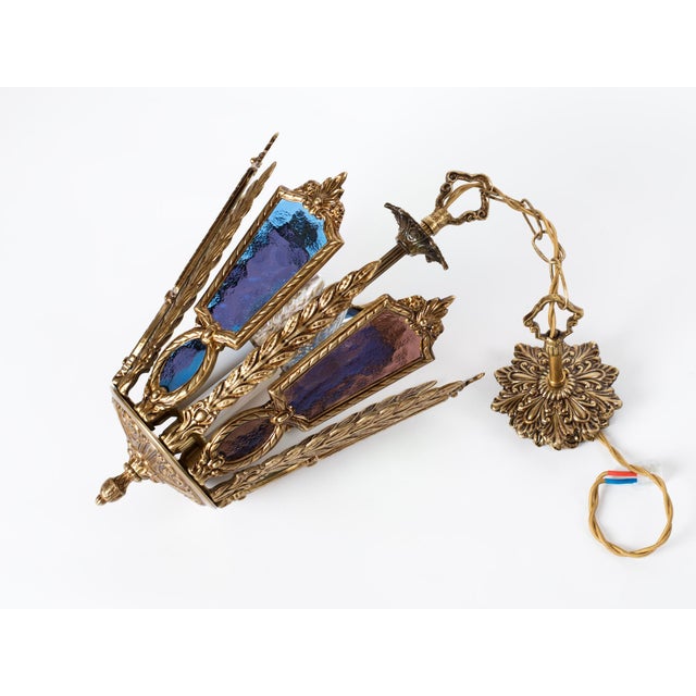 1960s Spanish Gothic Brass 3-Light Lantern With Multi-Color Stained Cathedral Glass For Sale - Image 6 of 12
