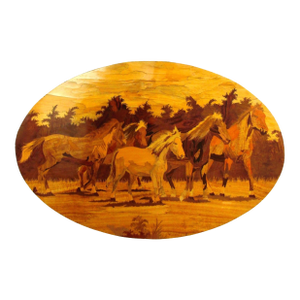 Vintage Horses Mustangs Inlay Wood Marquetry Large Oval Wall Art Panel