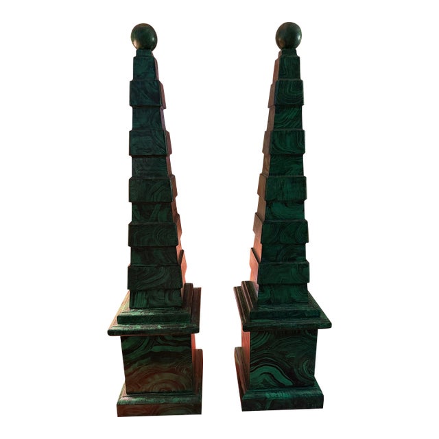 Obelisks Pair With Orb Finial Painted in Faux Malachite. A Pair Neoclassical For Sale