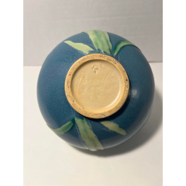 Ceramic 1939 Roseville Iris Blue Art Deco Pottery Matt Ceramic Vase # 357-4 For Sale - Image 7 of 10