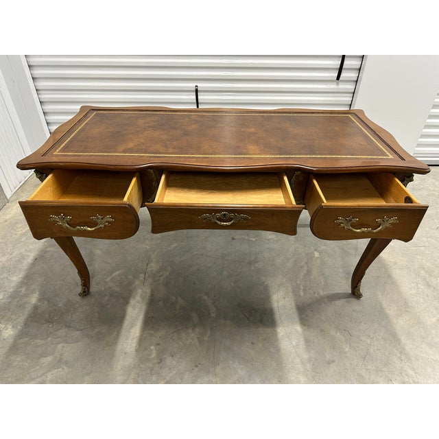 Wood Vintage Karges French Provincial Walnut Executive Writing Desk With Embossed Leather Top For Sale - Image 7 of 18