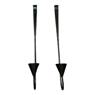 Pair of Vintage Black Iron and Metal Wall Mount Stick Candle Holders For Sale