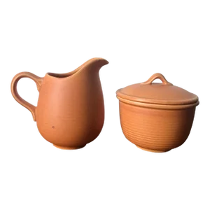 Tangerine Orange Vintage Mid Century Modern Wheel Thrown Pottery Cream and Sugar Set