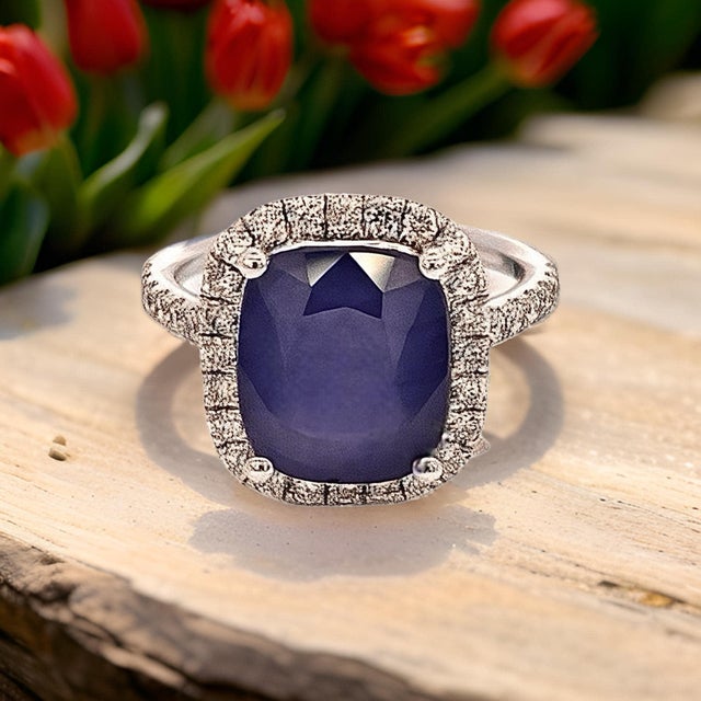 Blue Natural Sapphire Diamond Ring Size 6.5 14k White Gold 6.35 Certified For Sale - Image 8 of 9