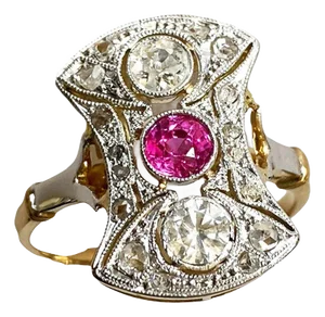 18k Gold Art Deco Antique Pink Sapphire & Diamond Shield Ring Size 7 1/2