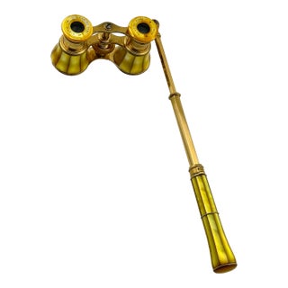 Unusual Antique Lemaire France Yellow Mother of Pearl Gold Gilt Brass Opera Glasses With Telescoping Handle Gold Gilt Brass Opera Glasses For Sale