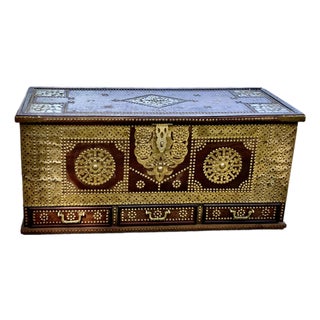 19th C. Zanzibar Teak Spice Chest With Hand Wrought Brass Decoration For Sale
