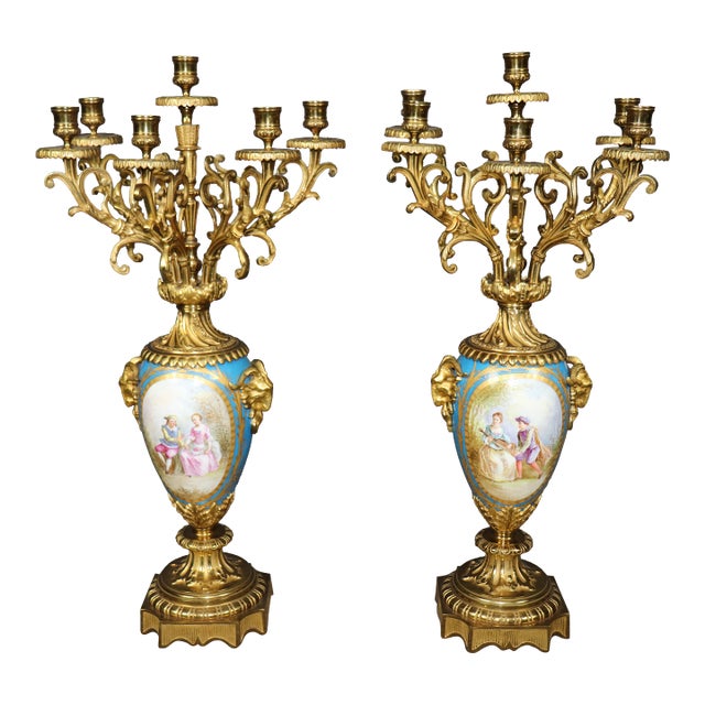 Pair of French Late 19th Century Sevres Style Porcelain and Bronze Candelabras For Sale