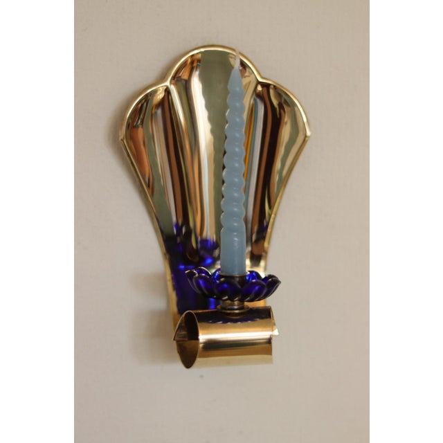 Vintage Brass Sconces with Blue Flower Shape Bobeche, Set of 2 For Sale - Image 12 of 18