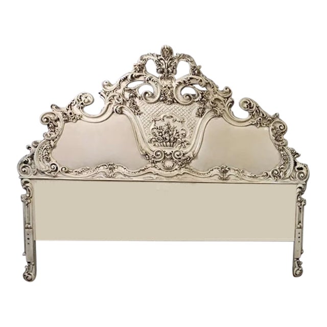 Vintage French Rococo Louis XVI Style Cream Ornate Queen Headboard W Velvet For Sale