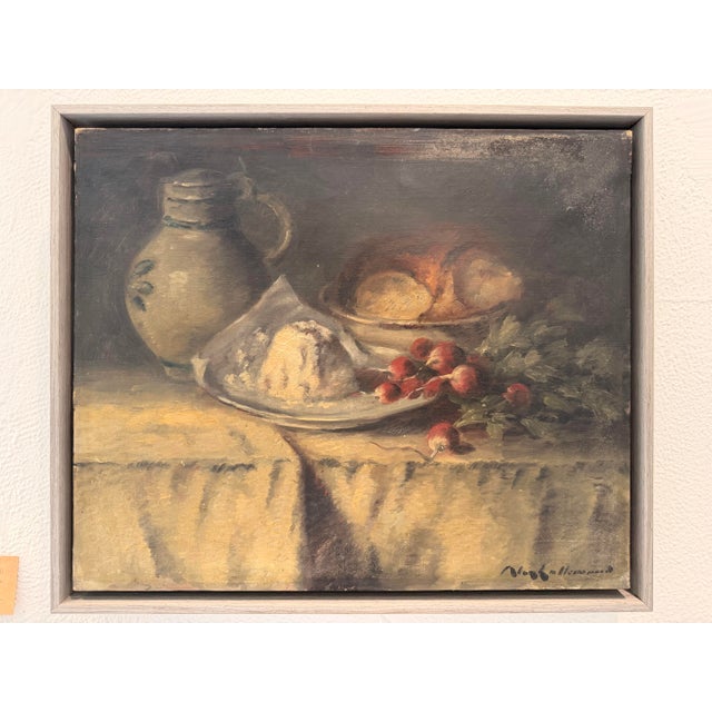 Well Executed Oil on Canvas, 19th C French Still Life of Goats cheese, Radish & Bread, gentle light illuminates the scene...