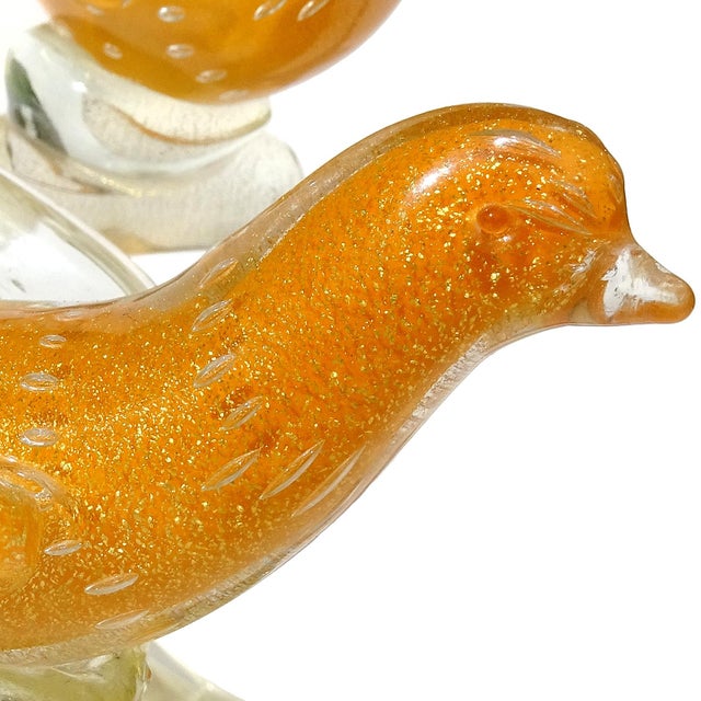 Mid 20th Century Vintage Murano Gold Flecks Orange Bullicante Technique Italian Art Glass Birds Branch Sculpture For Sale - Image 5 of 8