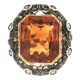 Early 20th-Century Silver Over 16 Karat Gold Citrine and Diamond Ring For Sale