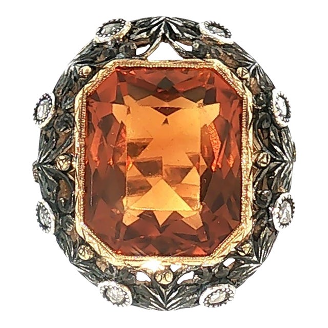 Early 20th-Century Silver Over 16 Karat Gold Citrine and Diamond Ring For Sale