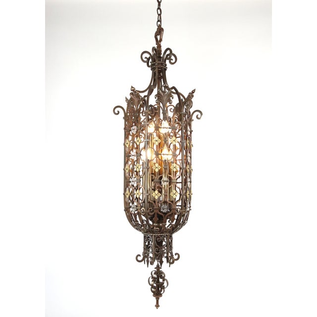 Spanish Revival Mid 20th Century Grand Wrought Bronze Spanish Revival Pendant Light For Sale - Image 3 of 16
